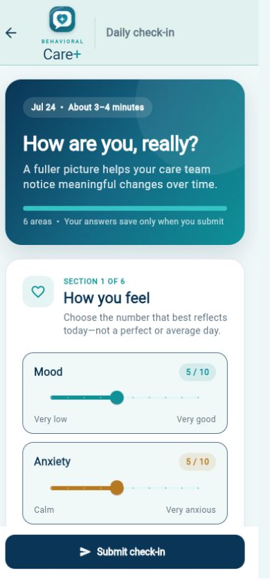 Care Plus mobile daily check-in showing the redesigned six-section survey and how-you-feel questions