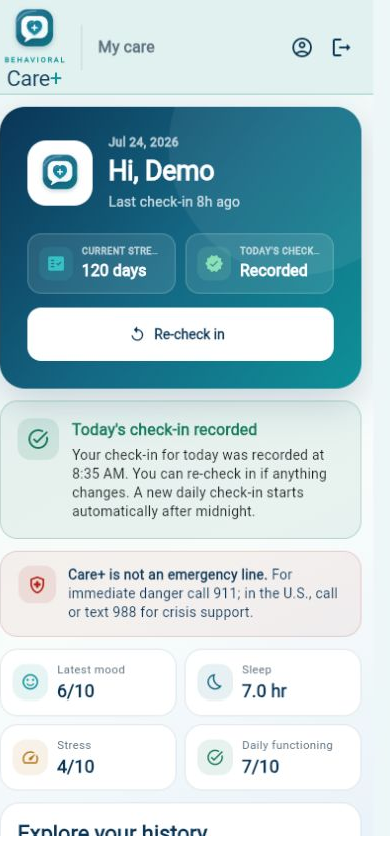 Care Plus patient mobile home showing a 120-day streak, today's recorded check-in, safety guidance, and recent wellness metrics
